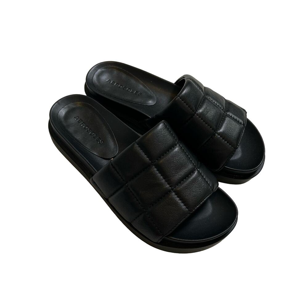 Aerosoles Black Quilted Leather Slide Sandals Size 6.5 Comfort Slip On Cushioned